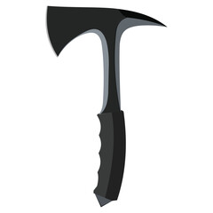 Black tactical hatchet with rubber grip isolated on white background