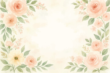 Vintage floral background with romantic pink roses, elegant frame, and decorative hearts for a wedding or Valentine's Day card design