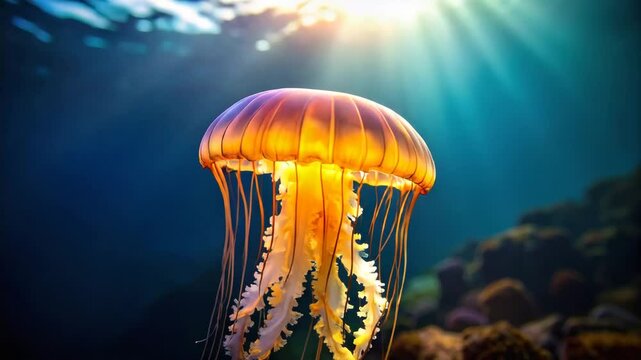 Graceful Jellyfish dances in the deep blue ocean illuminated by sunlight, its translucent bell and flowing tentacles creating a mesmerizing ballet.