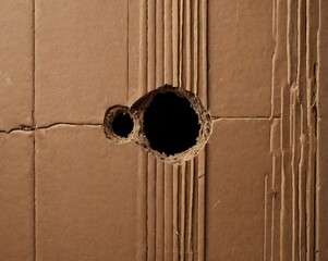 Abstract Close-Up of Damaged Corrugated Cardboard with Holes and Rips in Brown Tones for Texture and Background Use
