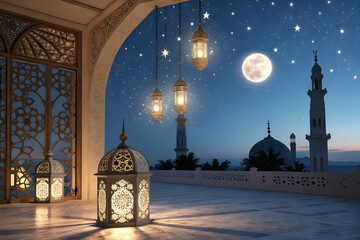 Captivating night scene with glowing lanterns illuminating a mosque backdrop under a starry sky and the radiant moon.