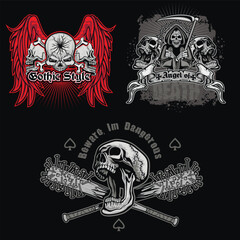 set, gothic sign with skull, grunge vintage design t shirts