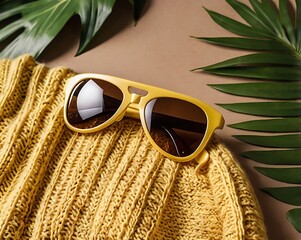 Overhead Shot of Yellow Sunglasses on Knitted Sweater with Palm Leaves for a Sunny and Relaxed Summer Vibe