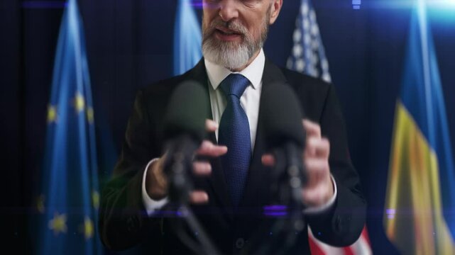 Displeased male diplomat delivering a fierce speech at international summit