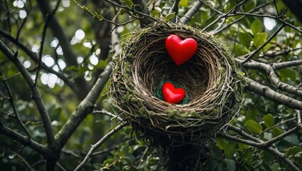 Tree Love Nest Heart Valentine Green. A birds nest with a red love heart resting in a tree