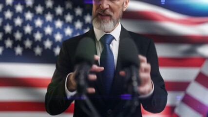 Dissatisfied male congressman delivering a speech against U.S. flag background