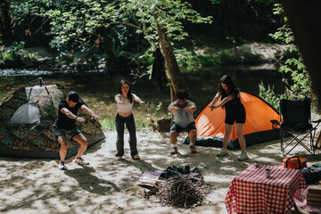 Group of people enjoying outdoor fitness activities at a camping location with tents and nature.