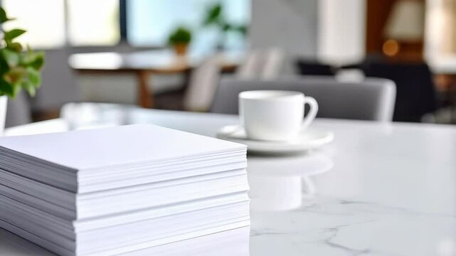 Stack of blank white paper sheets on marble desk with coffee cup and plant, modern office space interior background