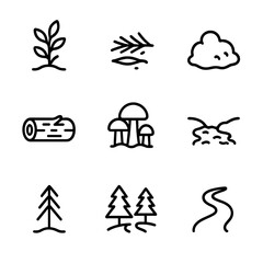 Fototapeta premium Pine Forest Icon Set. Outline icon set of pine forest ecosystem: understory shrub, forest floor needles, moss patch, fallen log,