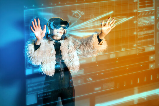 Woman using virtual reality simulator with cyber glasses and neon light