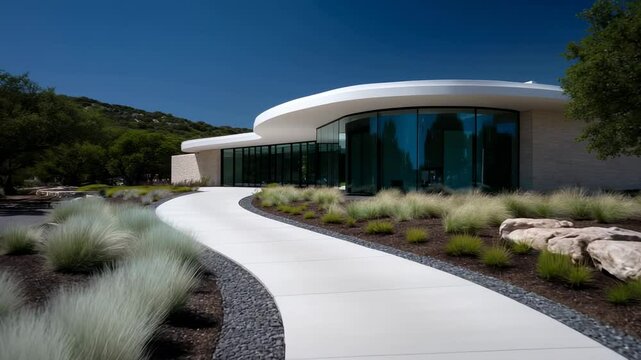 Modern architectural marvel surrounded by lush landscaping in a serene setting