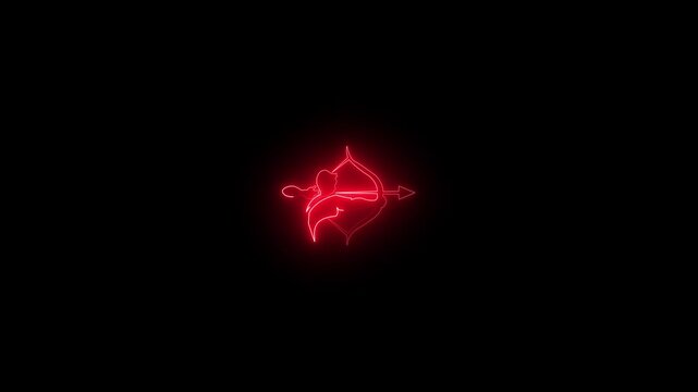 Glowing neon line bow and man arrow icon isolated on black background  4K animation symbolizing love, Cupid, and Valentine's Day.