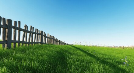 Obraz premium Peaceful Countryside Meadow Under a Bright Blue Sky with a Rustic Wooden Fence