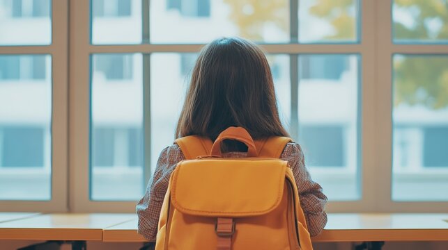 Schoolgirl wearing yellow backpack sitting at classroom desk, glancing pensively through window, mind drifting beyond academic setting, contemplating distant horizons and potential journeys
