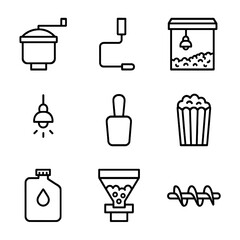 Popcorn Machine Icons. Outline icon set of Old-Fashioned Popcorn Machines: popcorn kettle, crank handle, glass enclosure, warming