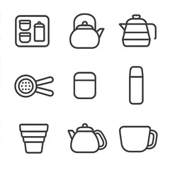 Portable Tea Set Icons. Outline icon set of portable tea sets: pocket tea kit, camping teapot, collapsible kettle, travel mug
