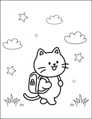 Cute cat going with school bag coloring page, Black and white outline coloring book or page for children, ready to print