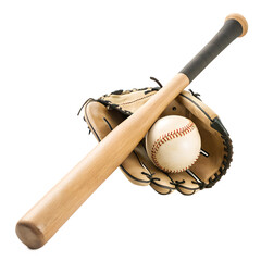 A wooden baseball bat, a leather baseball glove, and a baseball are arranged on a transparent background.