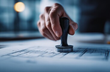 A professional hand meticulously presses a rubber stamp onto a detailed blueprint, symbolizing official approval and diligent work.