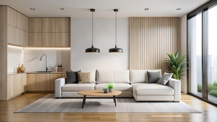 Modern living room with white sectional sofa and natural wood accents