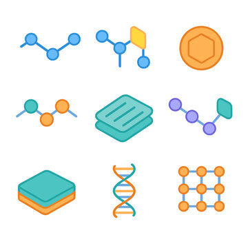 Polymer Icon Set. Isometric Flat icon set of polymer and macromolecules: polyethylene chain, polypropylene segment, polystyrene