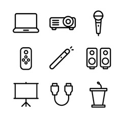 Presentation Tools Icons. Outline icon set of presentation equipment: laptop, projector, microphone, clicker, laser pointer,