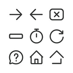 Fototapeta premium Quiz Navigation Icons. Outline icon set of quiz navigation controls: next arrow, previous arrow, skip button, submit button,