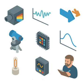 Radial Velocity Icon Set. Isometric Flat icon set of radial velocity measurements: spectrograph, star spectrum line, Doppler shift