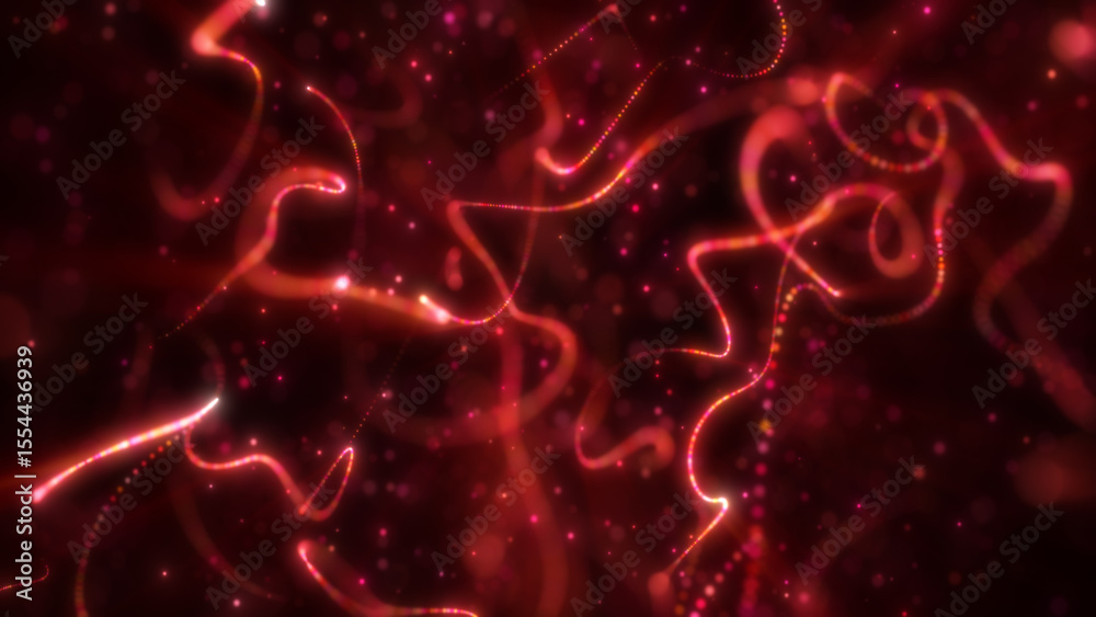 Poster vivid red glowing lines and particles swirling dynamically through a deep, dark backdrop