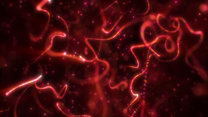 Vivid red glowing lines and particles swirling dynamically through a deep, dark backdrop