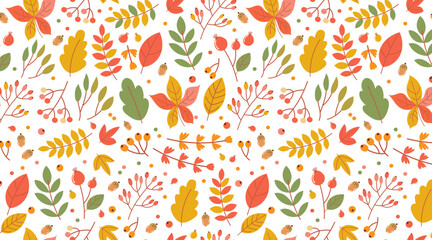 Autumn seamless pattern with decorative foliage and floral elements in rich fall hues for seasonal prints, fabric, and stationery. Colorful Fall Leaves and Berries Seamless Pattern for Autumn Designs