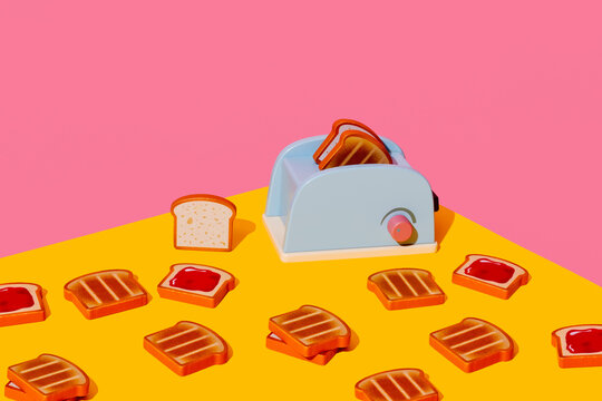 Blue toy toaster and toasted bread against colorful background