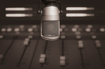 Professional microphone and sound mixer in radio station studio