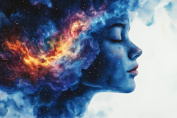 Fototapeta premium A watercolor portrait blending a human face with smoke reminiscent of the cosmos, evoking limitless imagination.