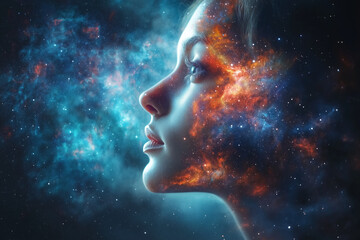 Obraz premium Surreal fusion of a woman’s face and the universe, symbolizing energy, motion, and the endless flow of imagination.