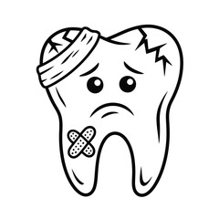 Sad Tooth with Bandage and Cracks Dental Health Illustration
