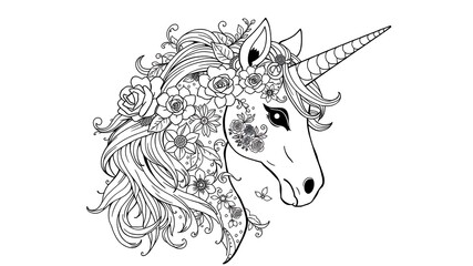 Elegant black and white drawing of a unicorn decorated with floral elements