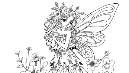 Elegant black and white illustration of a beautiful fairy with floral embellishments