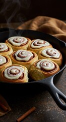 Freshly baked cinnamon rolls in a cast iron skillet with rising steam. Vertical photo