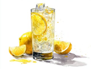 Bright tangy yuzu lemonade fizzing with sparkling bubbles in clear tall vessel on white background