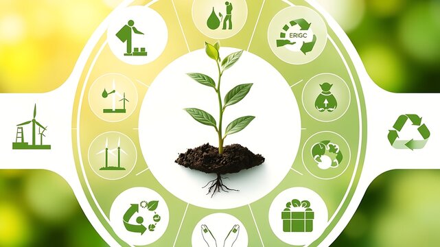 Eco-friendly solutions represented with a plant, renewable energy, and recycling symbols