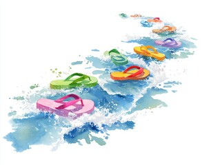 Colorful Flipflop Footprints Leading Playful Pastel Imprint Along Shoreline With Gentle Waves On White Background