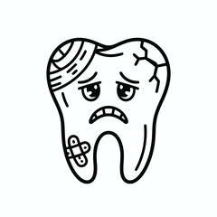 Sad Tooth Cartoon with Cracks Bandage and Plaster Illustration