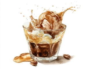 Colorful watercolor illustration of espresso affogato dessert with melting gelato swirl rich cocoa drizzle and creamy white background