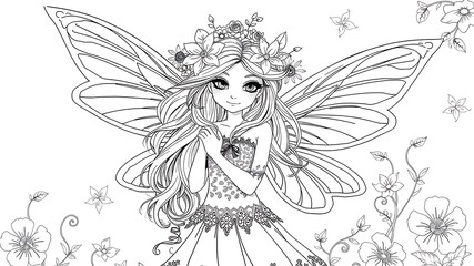 Elegant fairy with floral crown and wings ready for coloring in a decorative garden