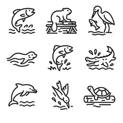 River Wildlife Icons. Outline icon set of River Wildlife: salmon leap, beaver dam, otter swimming, heron fishing, trout jump,