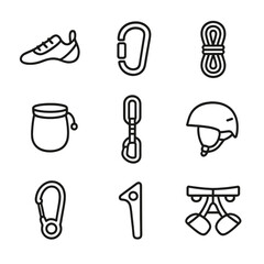 Rock Climbing Gear Icons. Outline icon set of Rock climbing gear: climbing shoe, carabiner, rope coil, chalk bag, quickdraw,