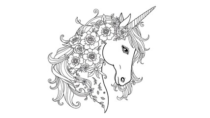 Elegant line art illustration of a floral crowned unicorn head detailed black and white drawing