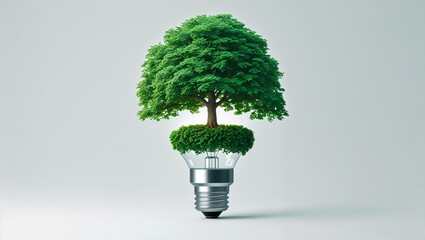 Green energy concept, tree growing inside light bulb promoting sustainability