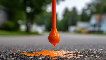 Orange Paint Drop Splattering on Asphalt Road

